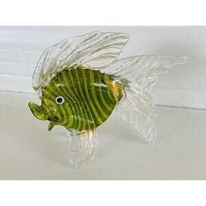 VINTAGE 1960s Murano Venetian Green & Gold Glass Fish Sculpture Figurine
